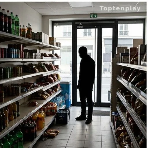 Intérieur d'un supermarché de quartier avec rayons en désordre, vols à l'étalage