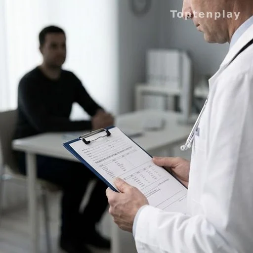 Médecin consultant des résultats d'analyses hépatiques avec un patient en arrière-plan