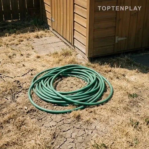 Tuyau d’arrosage dans un jardin en canicule