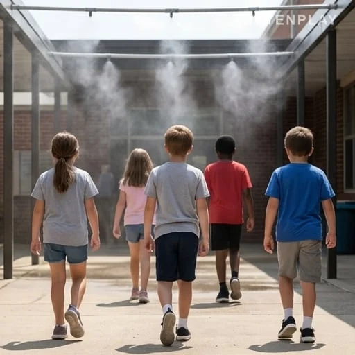 Jeux d’eau dans une cour d’école en canicule