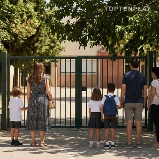 Parents devant une école lors d’une canicule