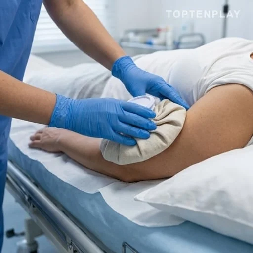 Geste de santé avec poche froide sous le bras