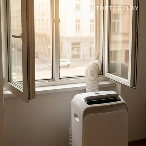 Climatiseur mobile installé près d’une fenêtre