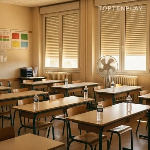 Salle de classe chaude avec ventilateur et bouteilles d’eau