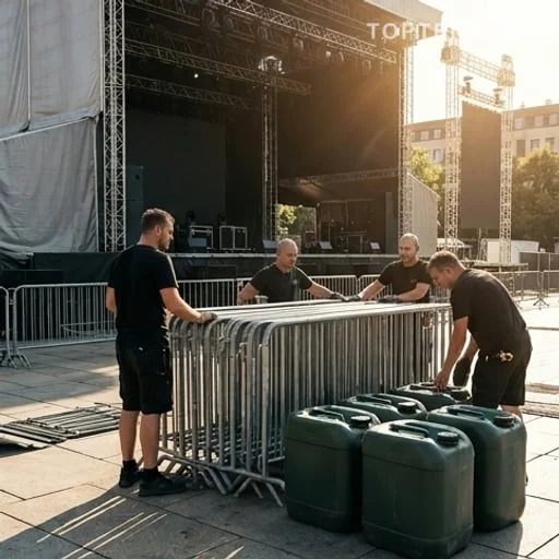 Agents installant barrières et eau avant un concert