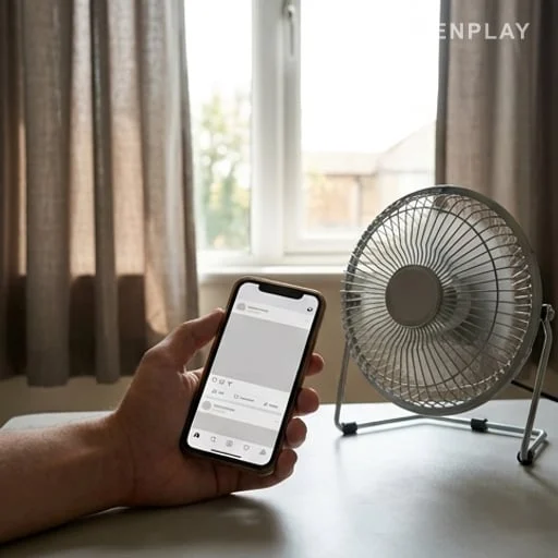 Smartphone et ventilateur dans une chambre d’EHPAD