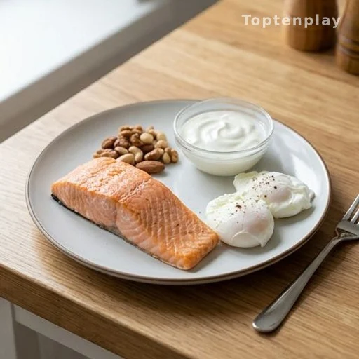 Aliments riches en vitamine D : saumon, œufs et produits laitiers sur une table