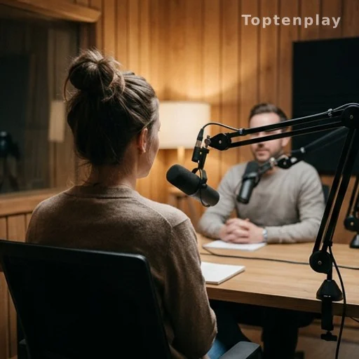 Femme interviewée de dos dans un studio d'émission, ambiance intimiste