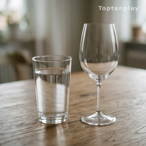Verre d'eau et verre à vin vide sur une table, symbolisant la modération alcool