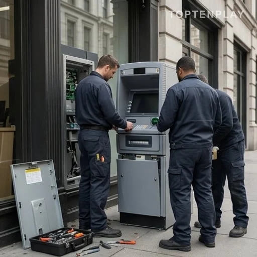 Techniciens installant un distributeur bancaire en ville