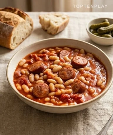 Cassoulet du Pauvre : Haricots Blancs, Saucisses Fumées et Sauce Tomate