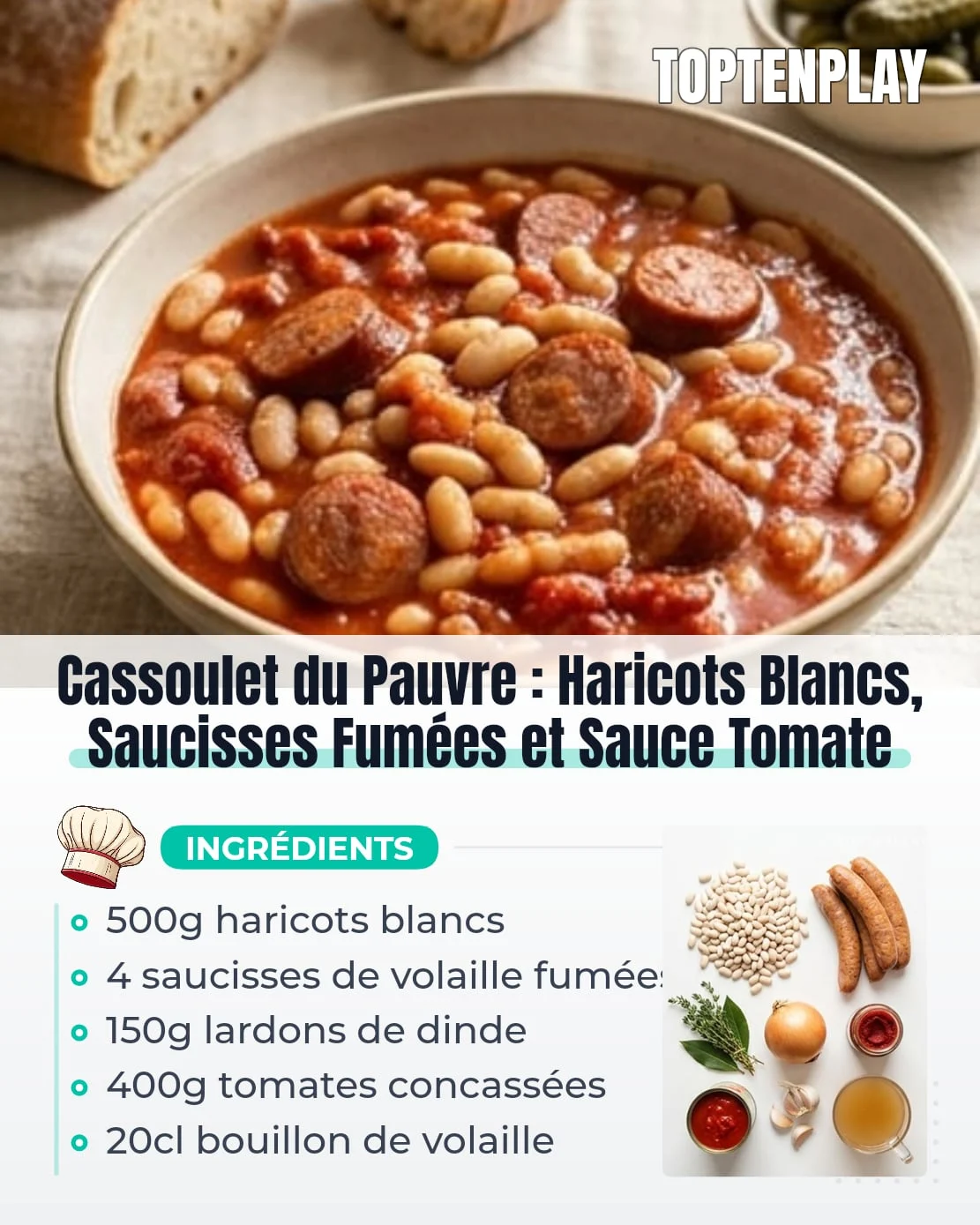 Cassoulet du Pauvre : Haricots Blancs, Saucisses Fumées et Sauce Tomate