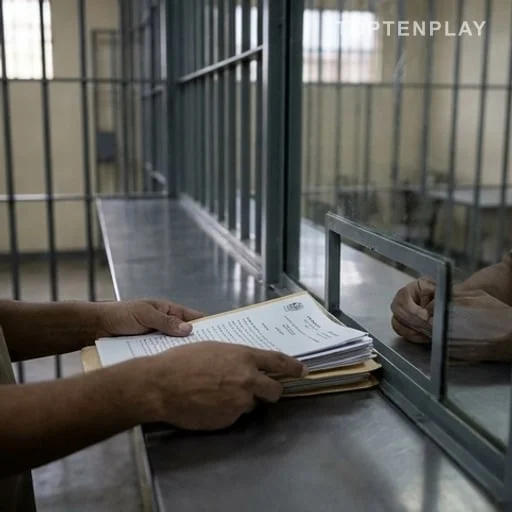 Dossiers d’avocat devant une barrière de prison