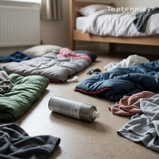 Déodorant en aérosol sur le sol d'une chambre, soirée pyjama adolescente