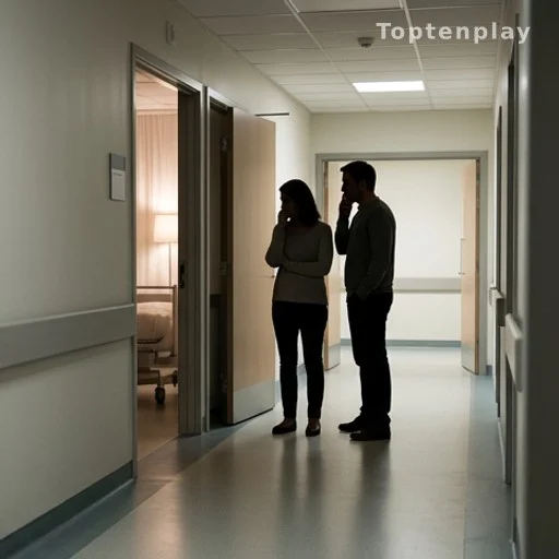 Couloir d'hôpital avec silhouettes de parents devant une chambre