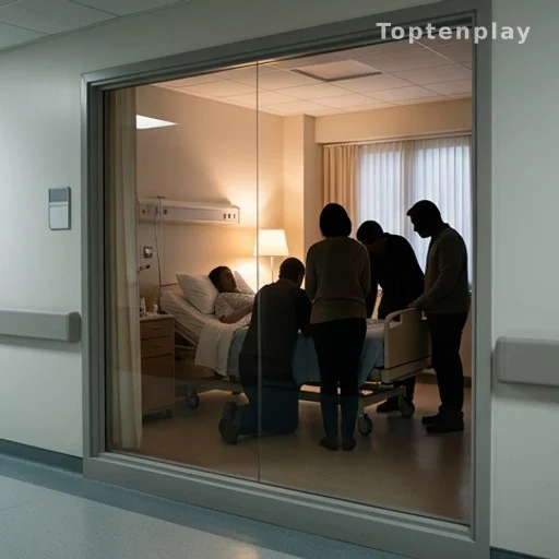 Famille réunie en silhouettes dans une chambre d'hôpital pour un dernier adieu