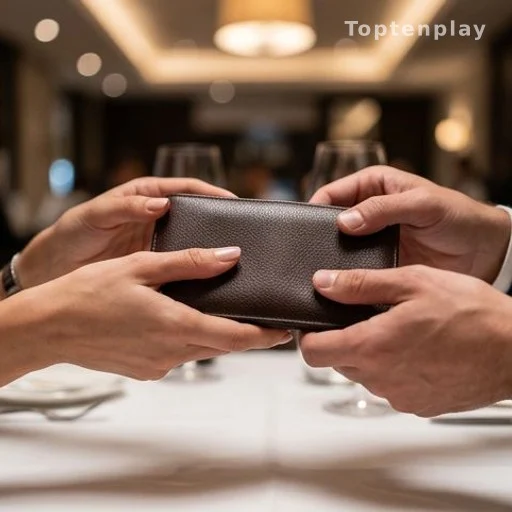 Mains tenant un portefeuille dans un contexte de repas haut de gamme