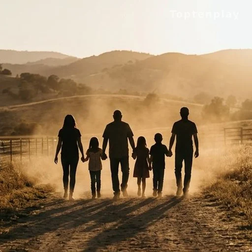 Famille unie marchant sur un chemin de ranch au coucher du soleil