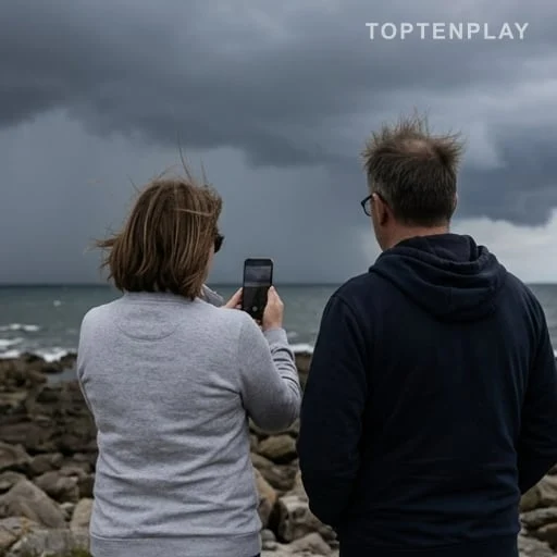 Couple anonyme observant un selfie avant un orage