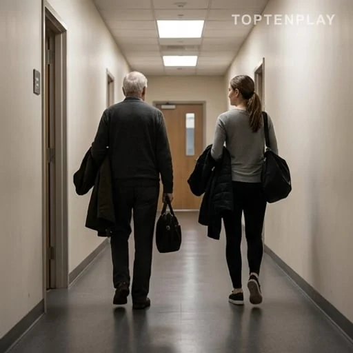Deux silhouettes quittent séparément un studio de danse