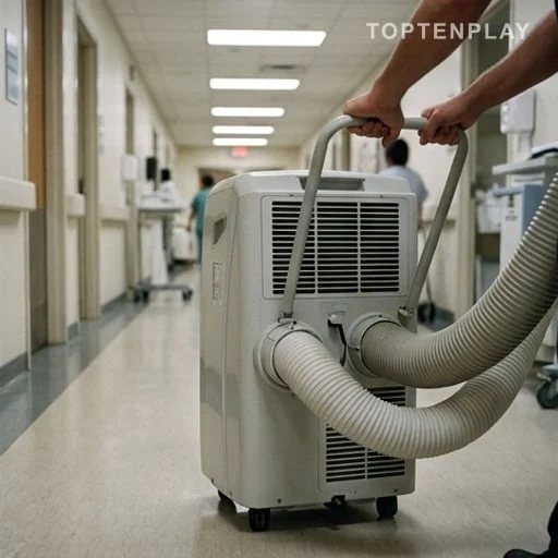 Climatiseur mobile devant une chambre d’hôpital