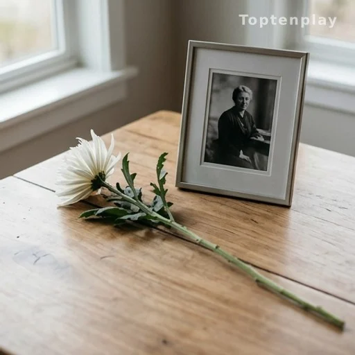 Symbole de deuil, fleur blanche posée près d'une photo encadrée