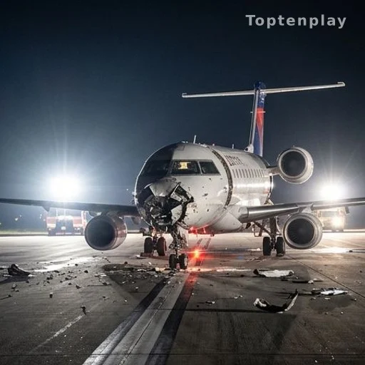 Avion Bombardier CRJ-900 endommagé sur le tarmac de l'aéroport après la collision