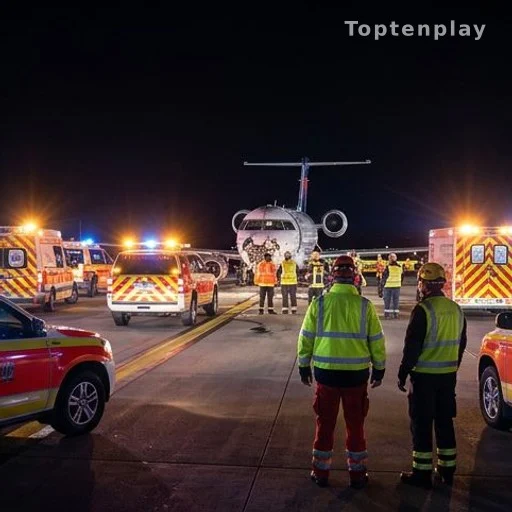Véhicules de secours et pompiers mobilisés autour de l'avion accidenté à LaGuardia