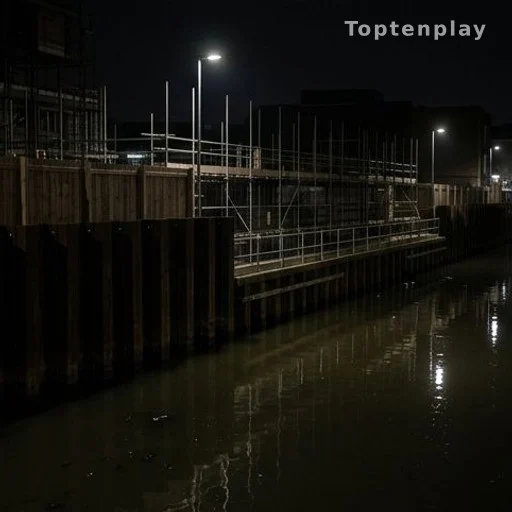 Chantier désert la nuit au bord d'un canal, palissades en bois