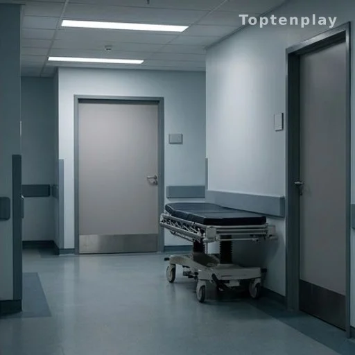 Couloir d'hôpital vide avec civière, prise en charge médicale urgente