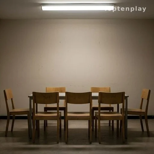 Salle d'audition judiciaire vide avec chaises et table, mise en examen