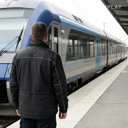 Conducteur SNCF de dos près d’un train