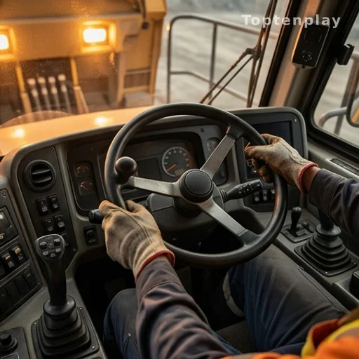 Mains gantées d'une conductrice de camion-benne dans la cabine, salaire minier