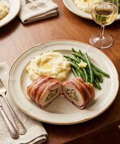 Cuisses de poulet farcies au stuffing et bacon de dinde