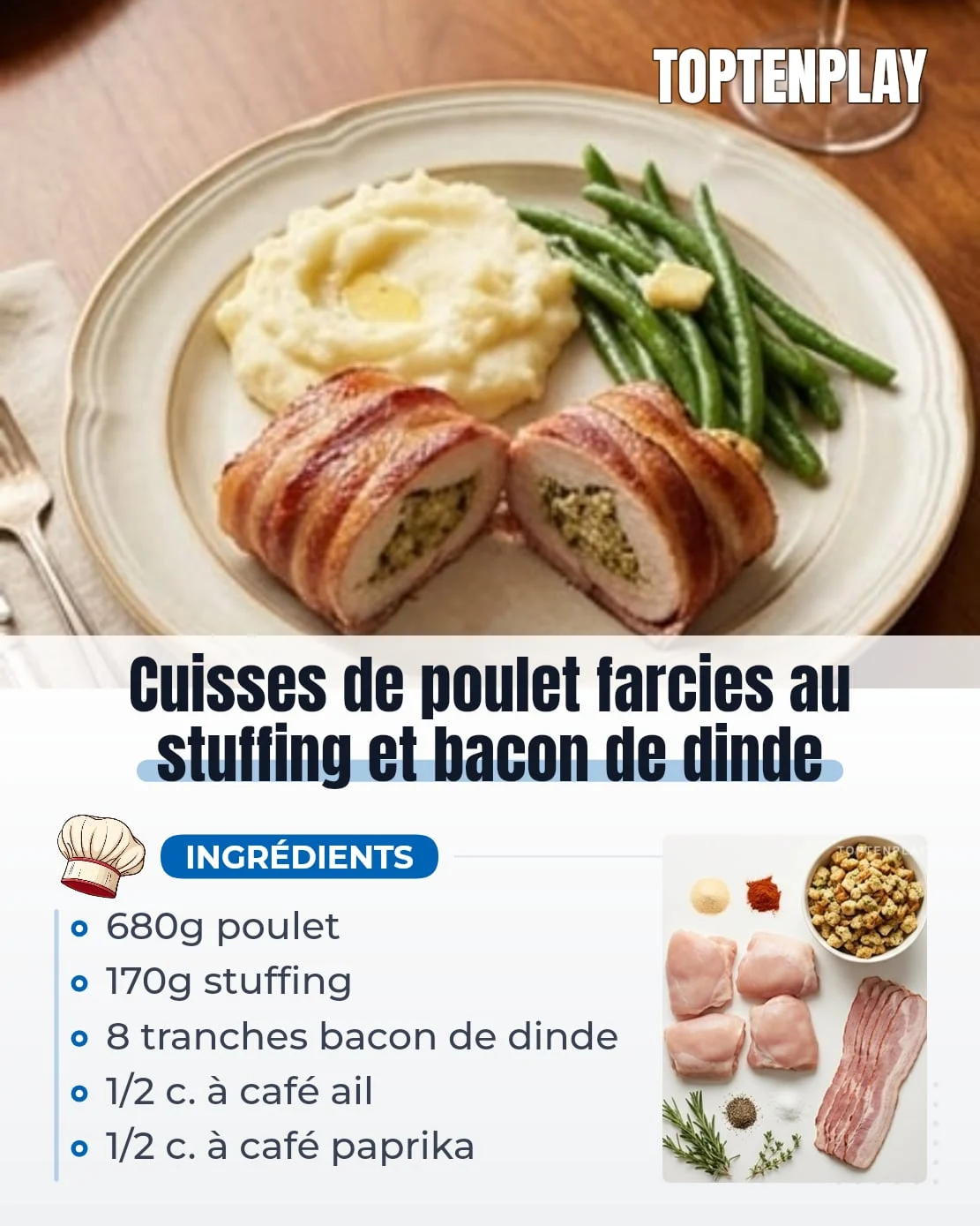 Cuisses de poulet farcies au stuffing et bacon de dinde