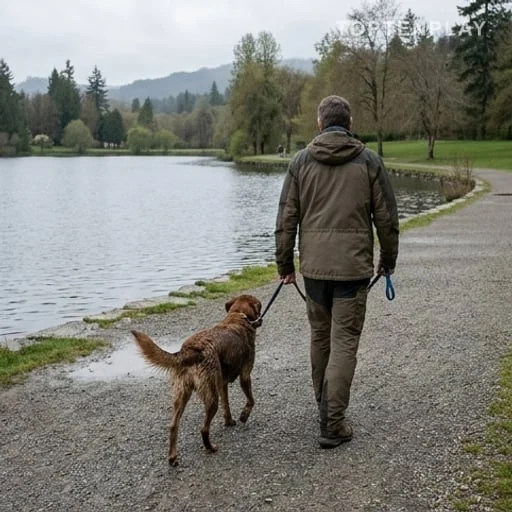 Chien et maître au bord du lac après une course
