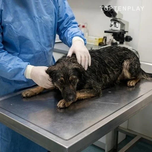 Examen en urgence vétérinaire d’un chien mouillé