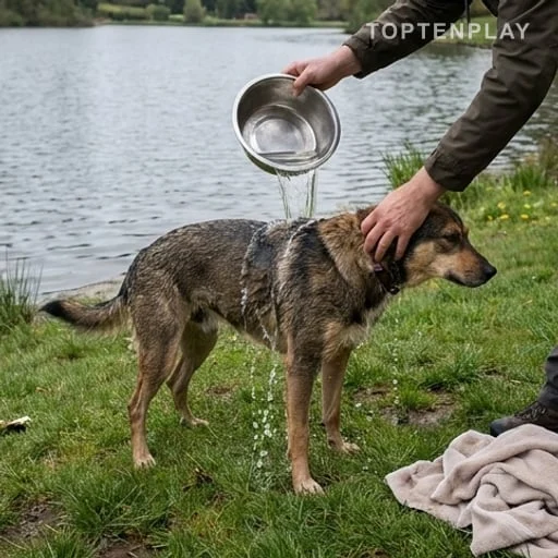 Chien rincé après baignade, geste de prévention
