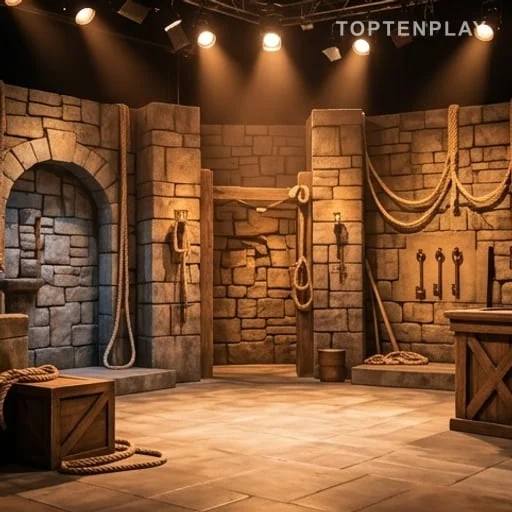 Décor d’émission d’aventure avec clés et projecteurs