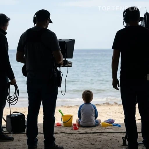 Enfant de dos près d’un tournage sur une plage