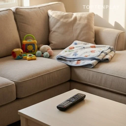 Jouets d’enfant et télécommande dans un salon familial