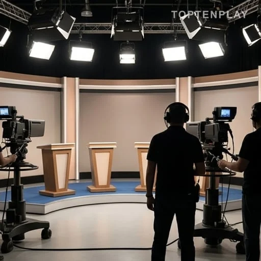 Plateau de jeu télévisé préparé par une équipe