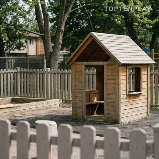 Cour de maternelle avec cabane sans enfant reconnaissable