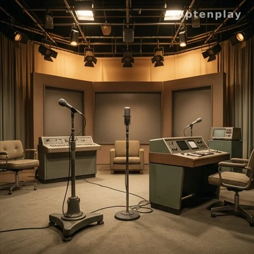 Plateau de télévision vintage avec éclairage scénique et micros, ambiance Fête de la musique