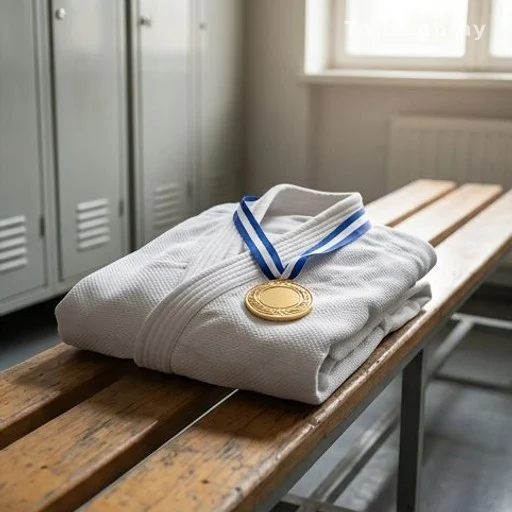 Judogi et médaille d'or olympique posés sur un banc de vestiaire
