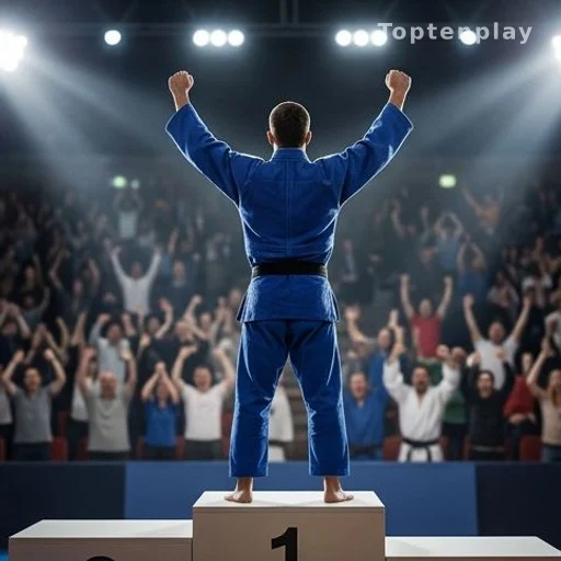 Judoka de dos sur un podium olympique, bras levés en signe de victoire