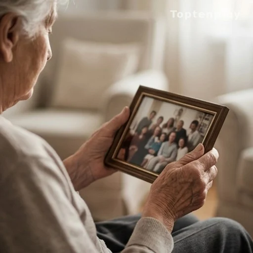 Mains d'une femme âgée tenant une photo de famille dans un salon, discrétion et vie privée
