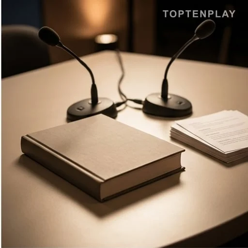 Livre et micros posés sur une table d’interview