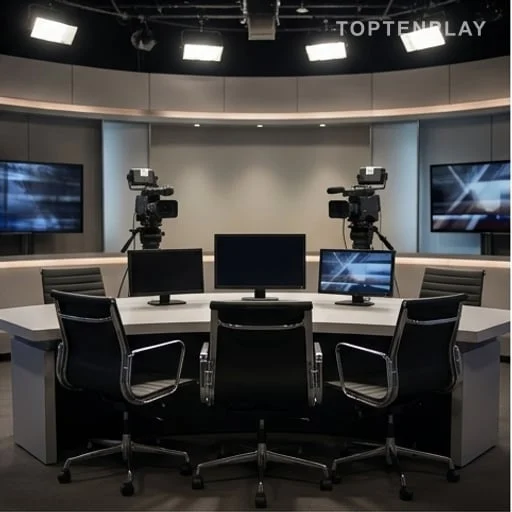 Table de chroniqueurs vide après une émission télé