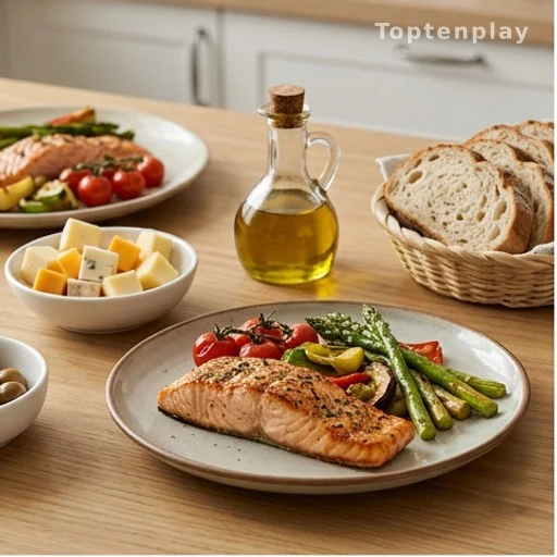 Portion de fromage gras dans une assiette équilibrée de type régime MIND